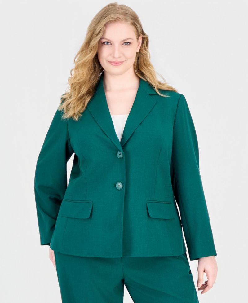 Plus Size Classic Fit Inset Waist Two Button Notch Collar Jacket and Wide Leg Pant, 2-Piece Set