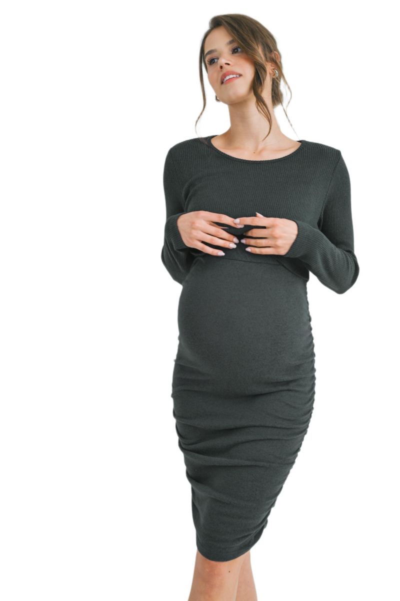 Women's Long Sleeve Ribbed Side Ruched Nursing Dress