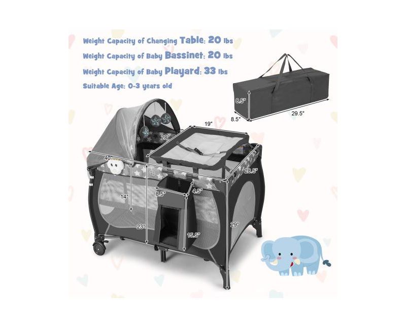 4-in-1 Portable Baby Playard with Bassinet and Adjustable Canopy