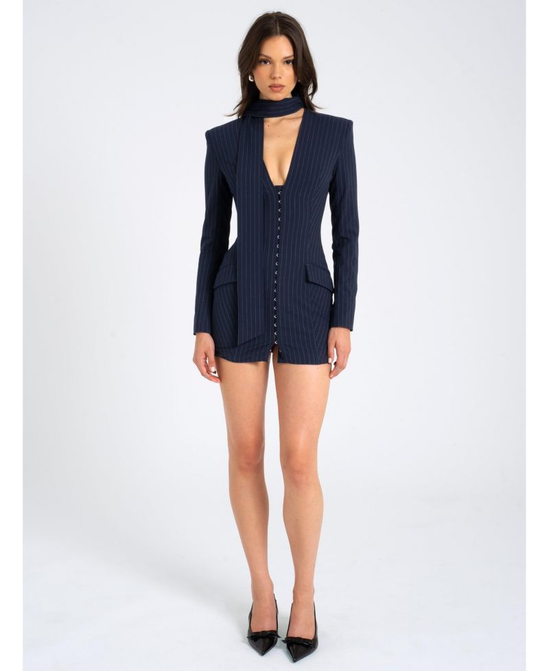 Women's Tahlia Deep V Pinstripes Navy Blue Blazer Dress with scarf collar