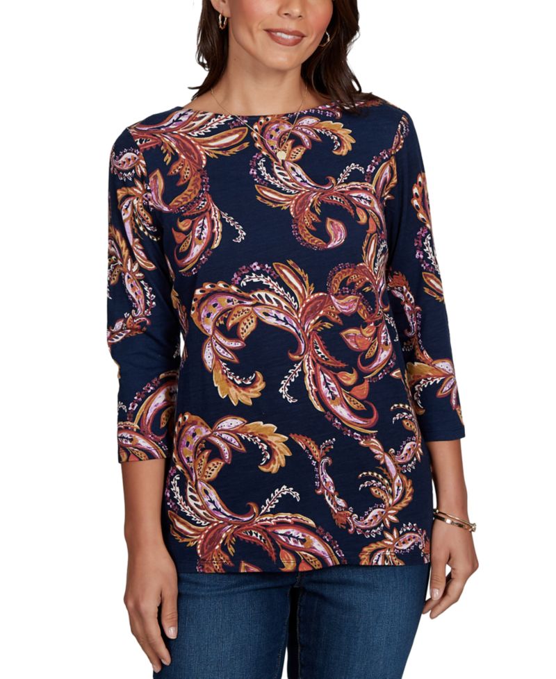 Petite Paisley-Print Boat Neck 3/4-Sleeve Top