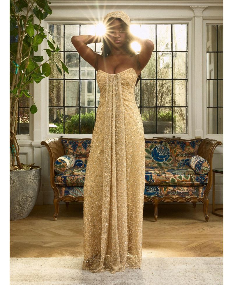 Women's Ada Gold Rhinestone Embellished Strapless Gown with Head Scarf