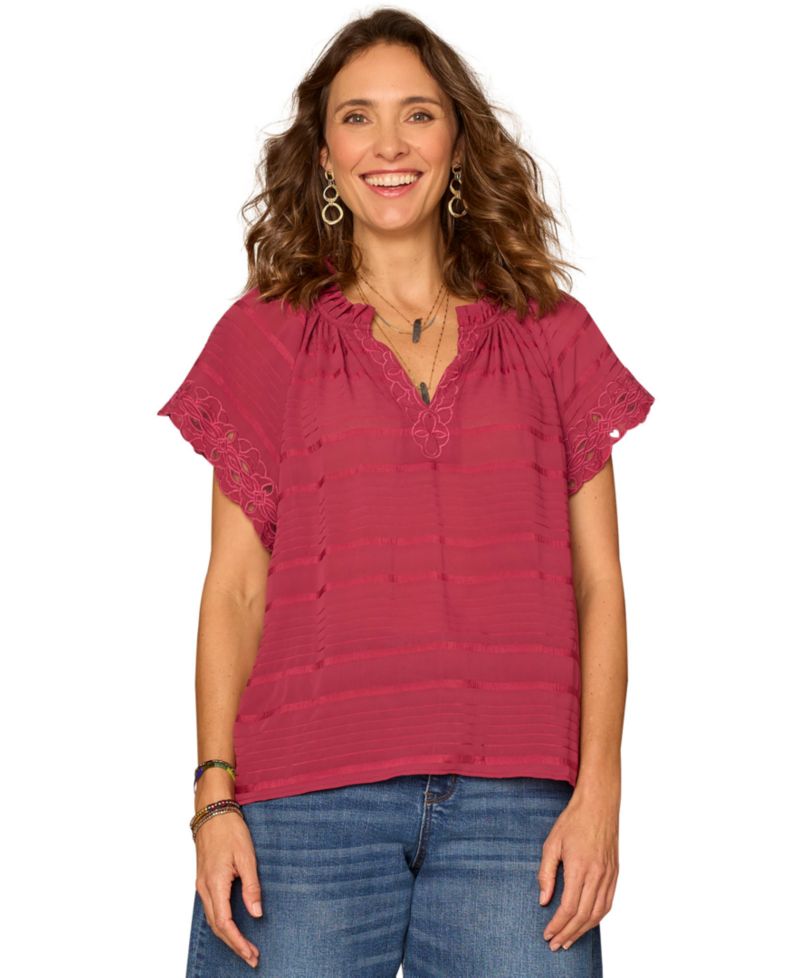 Petite Embroidered V-Neck Woven Top