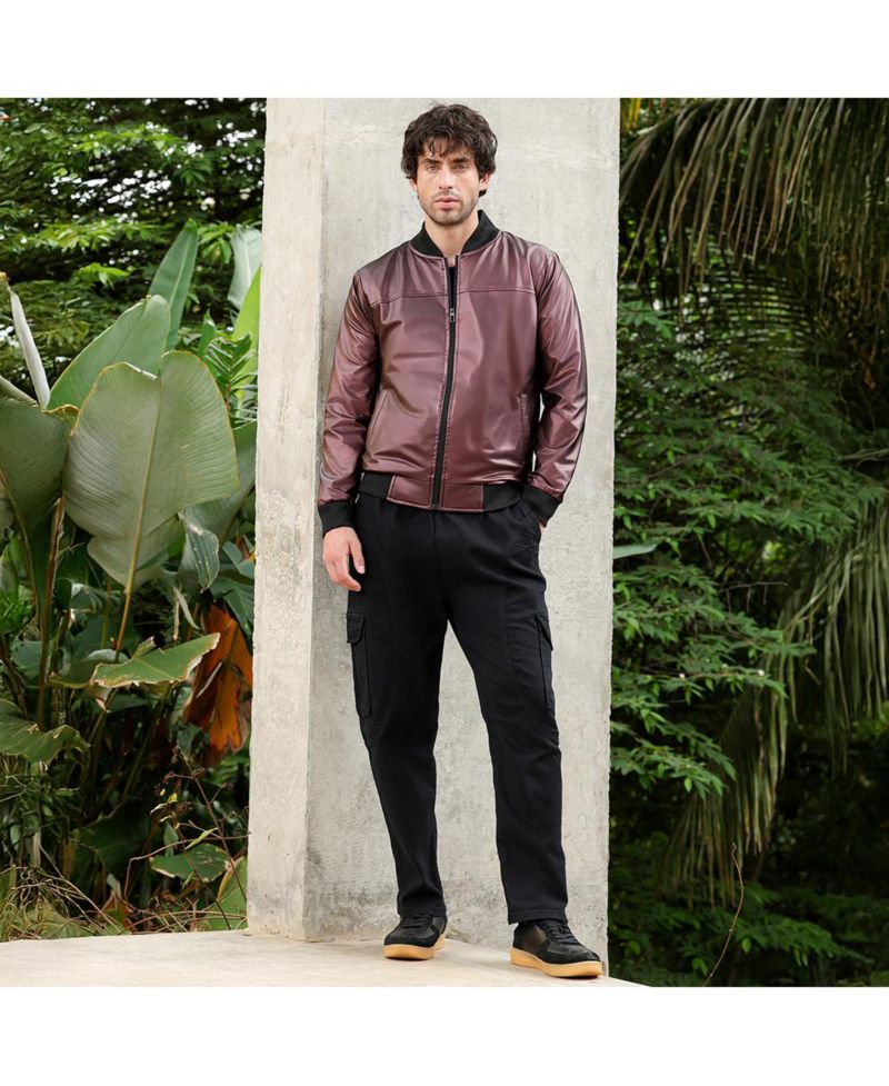 Men's Men's Chocolate Brown Patent-Panel Bomber Jacket