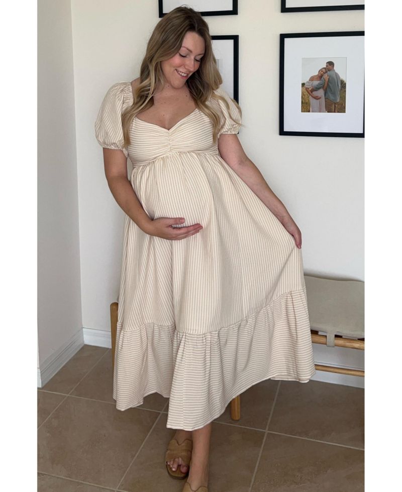 Women's Beige Sweetheart Stripe Smocked Back Midi Dress