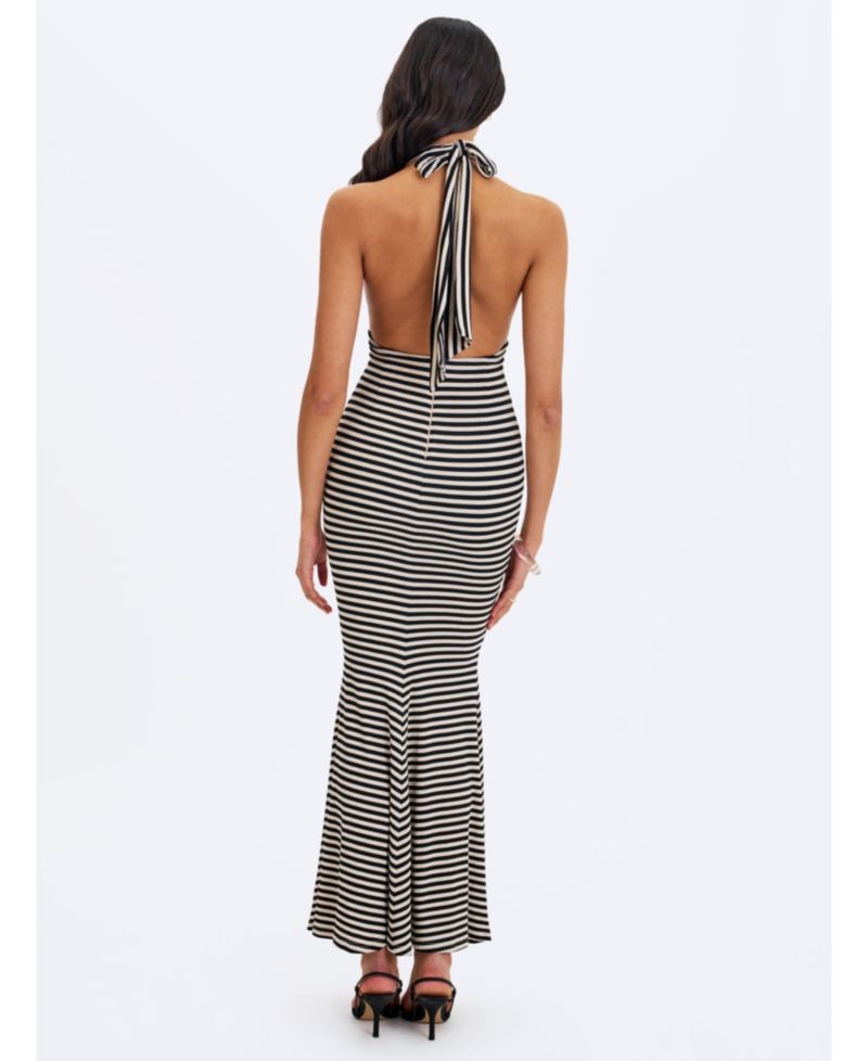 Women's Hannah Striped Plunging-Halter Mermaid Maxi Dress