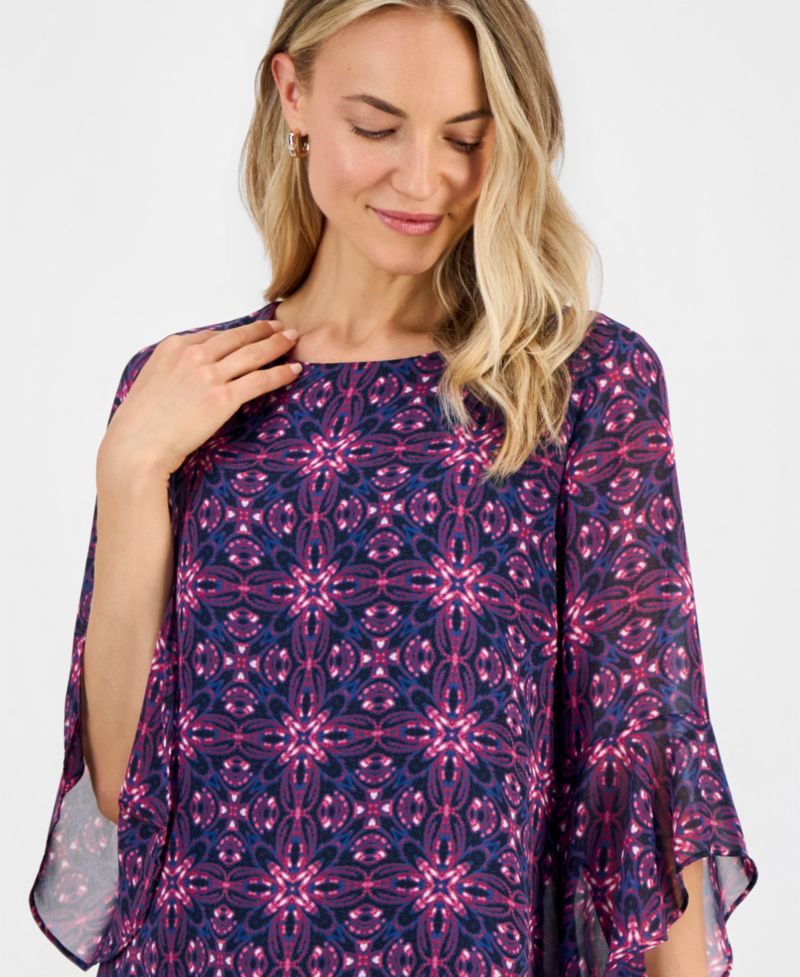 Petite Printed Boat-Neck Ruffle-Sleeve Blouse