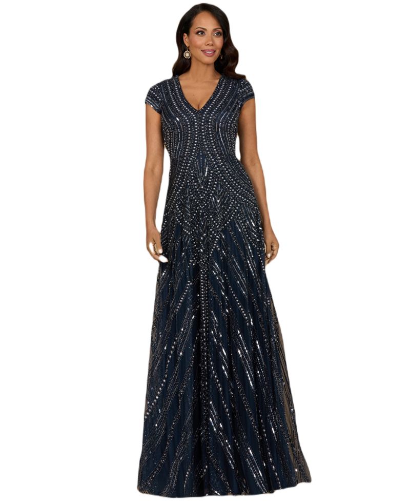 Women's Cap Sleeve Beaded A-Line Gown
