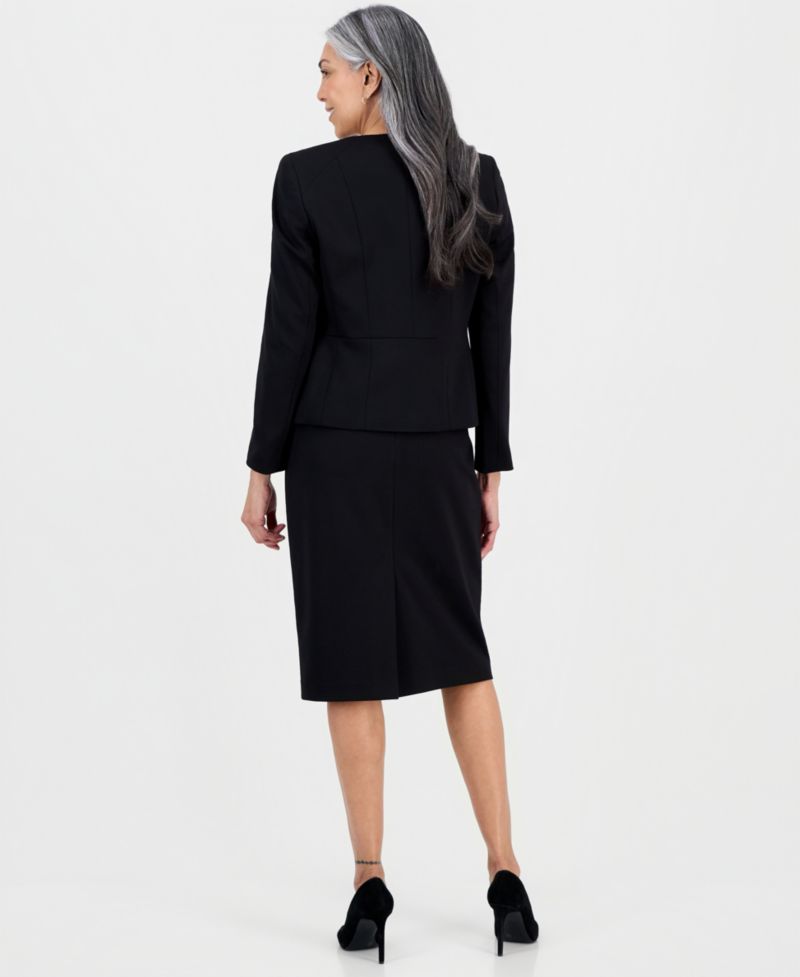 Women's Collarless Zip-Front Ponte 2 Piece Skirt Suit