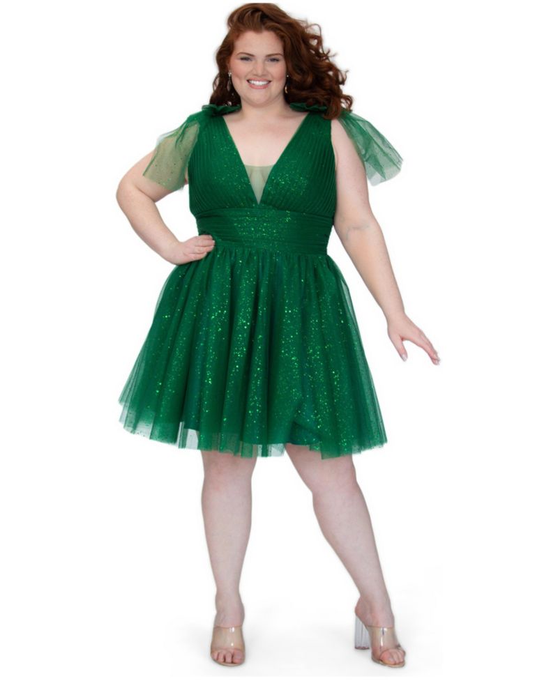 Women's Sparkle Tulle Shamrock Green Cocktail Party Dress with Detachable Bows