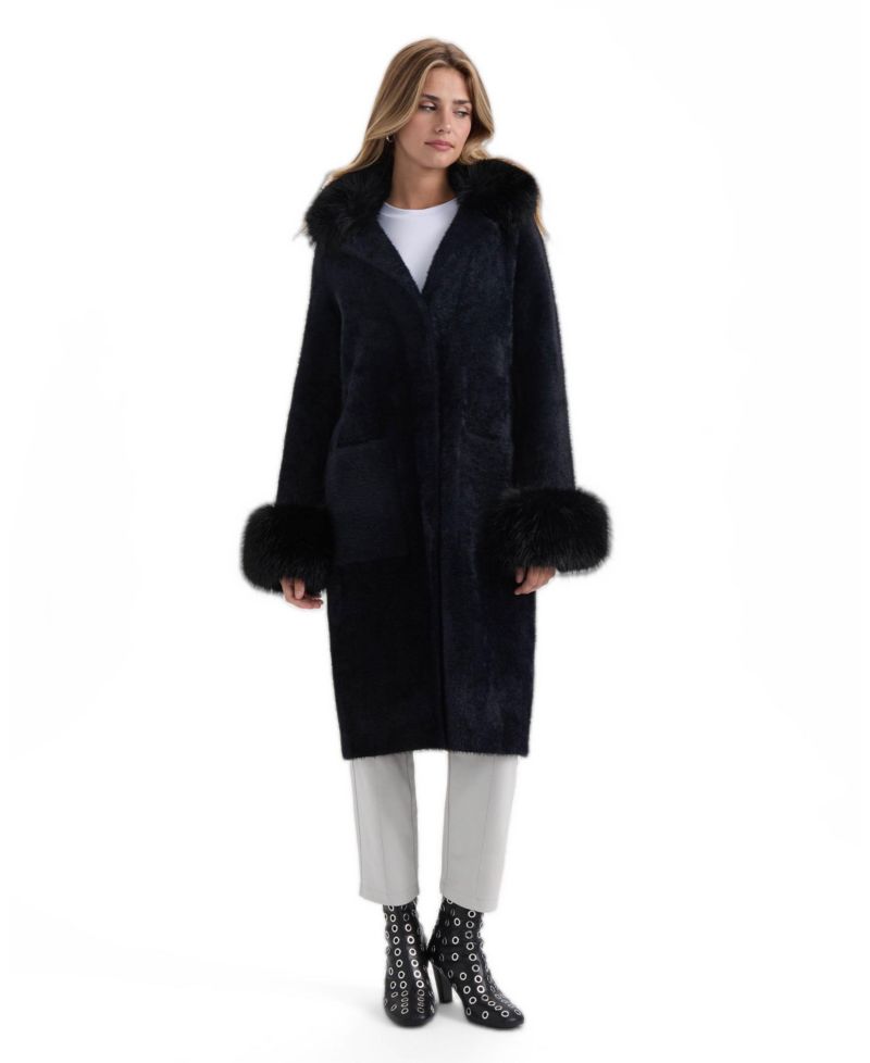 Women's Longline Coatigan with Removable Faux Fur Collar and Cuffs