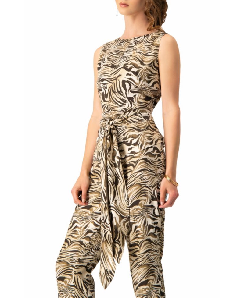 Women's Sleeveless Tie-Waist Blouse in Zebra Print, Sash-Front Top
