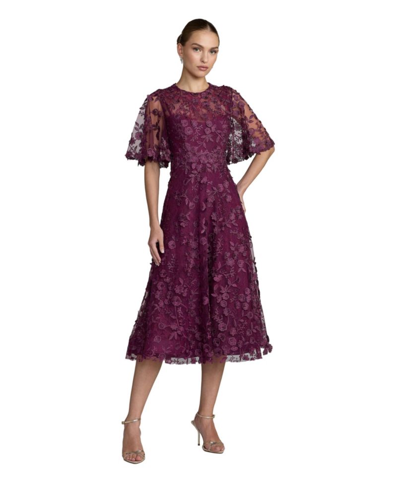 Women's Flutter Sleeve Embroidered Midi Dress