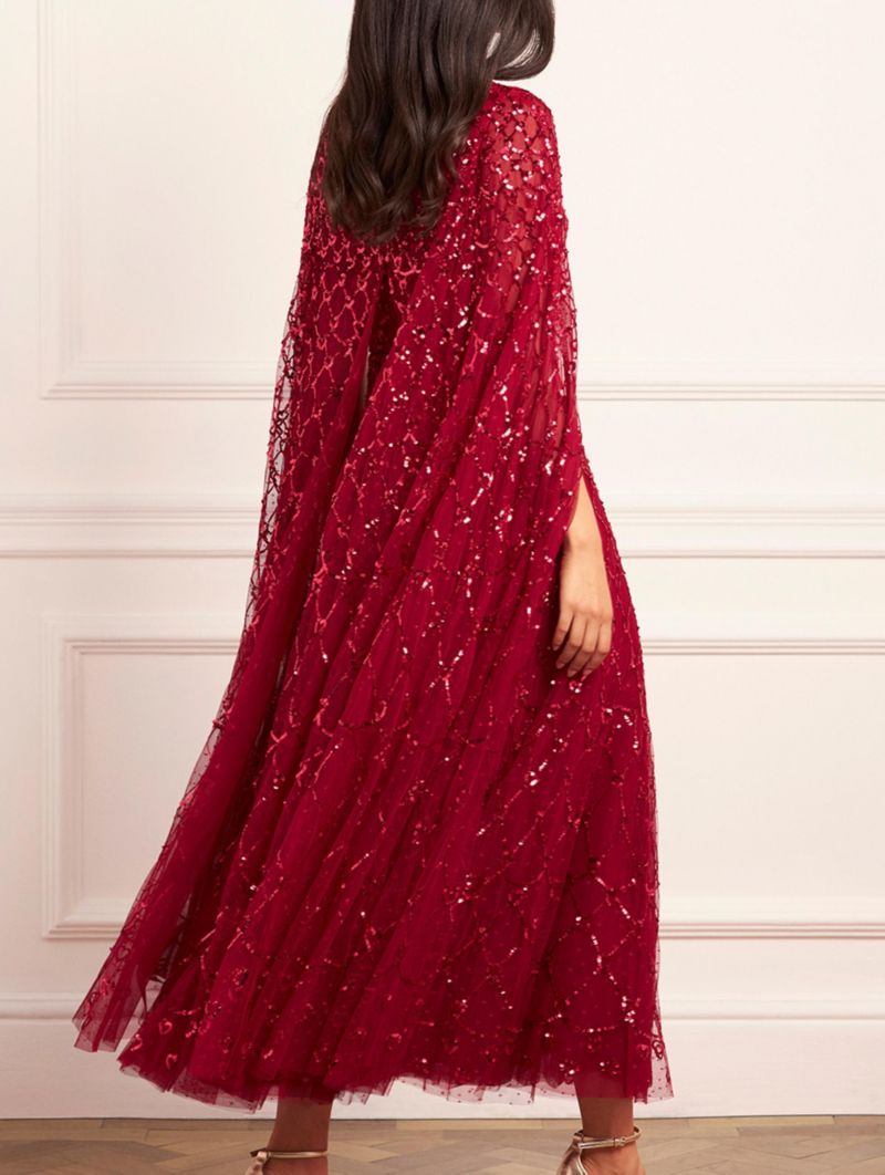 Women's Heart Lattice Cape Sequin-Embellished Floor-Length Gown