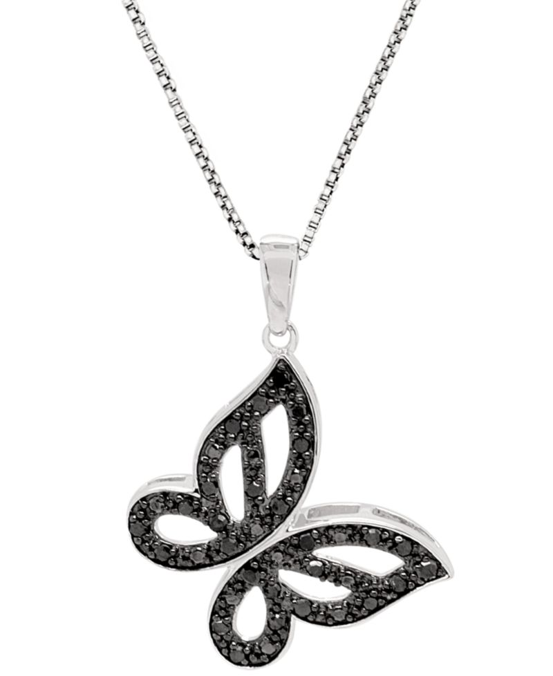 Black Diamond Pav&eacute; Butterfly 18" Pendant Necklace (1/6 ct. t.w.) in Sterling Silver
