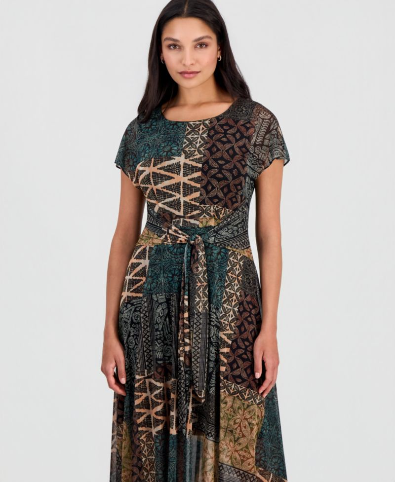 Women's Printed Tie-Front Midi Dress