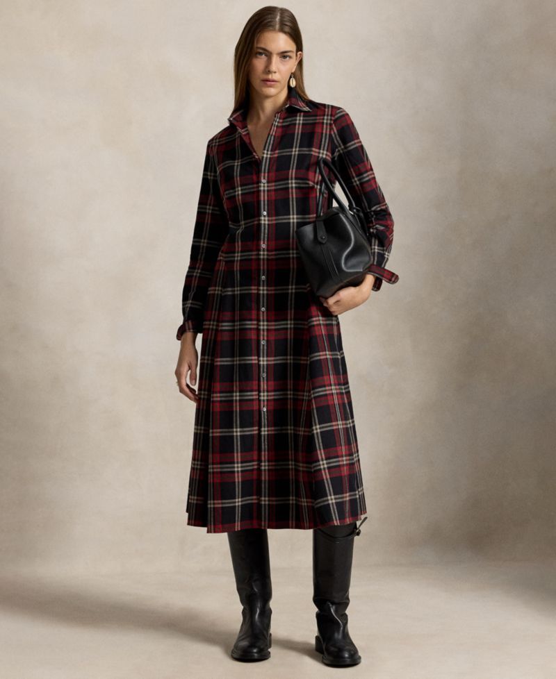 Women's Plaid Long-Sleeve Midi Shirt Dress