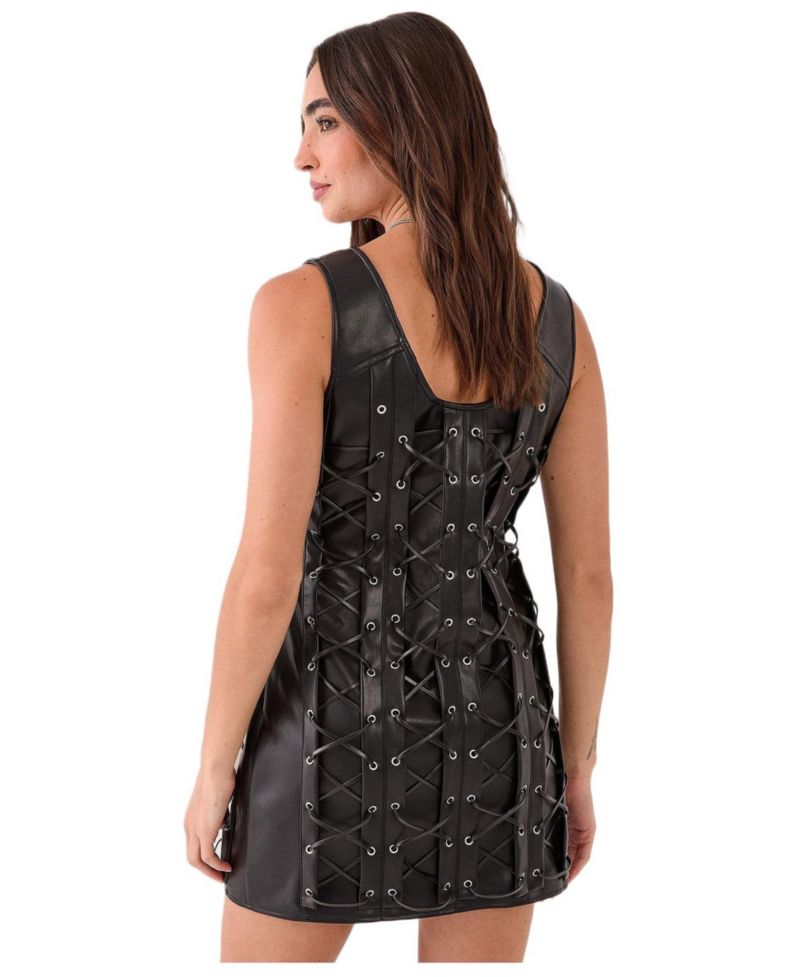 Women's Eyelet Lace Up Faux Leather Mini Dress