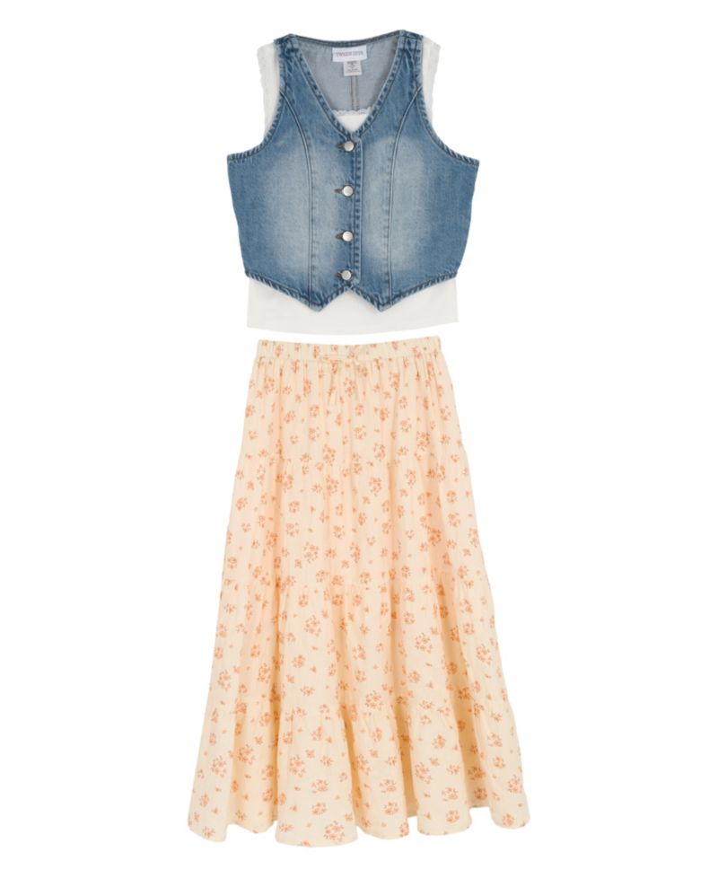 Girls' 7-12 Denim Sleeveless Vest, Cami Top and Printed Skirt, 3-Piece Set