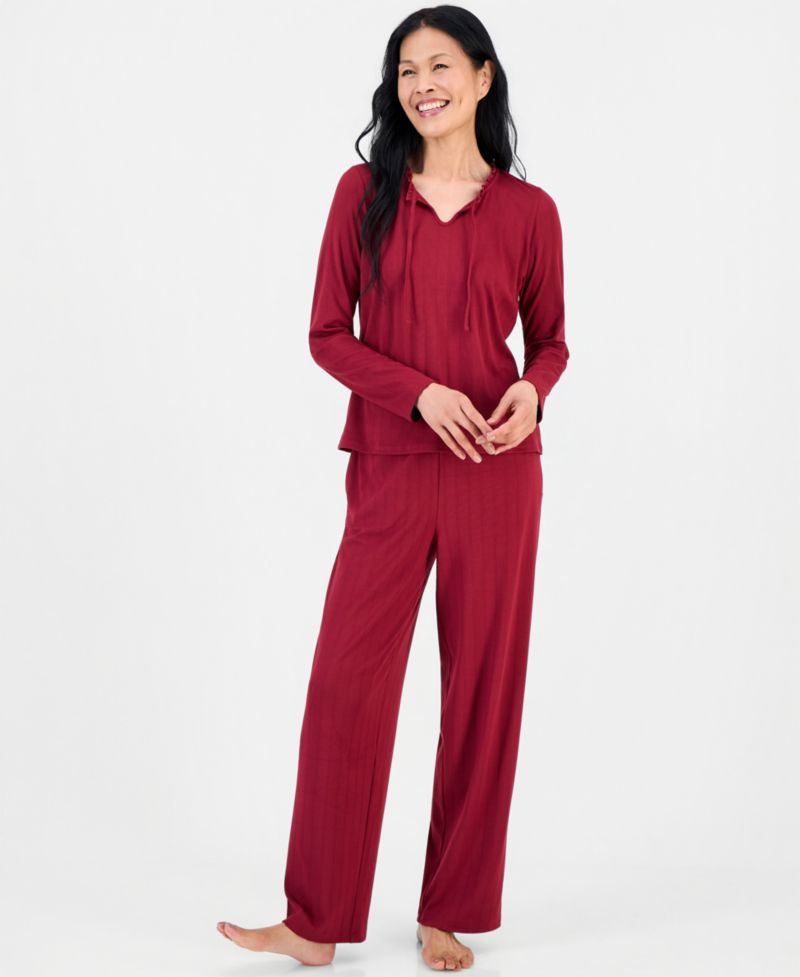 Women's Pointelle Long-Sleeve Bow Top and Pants Set