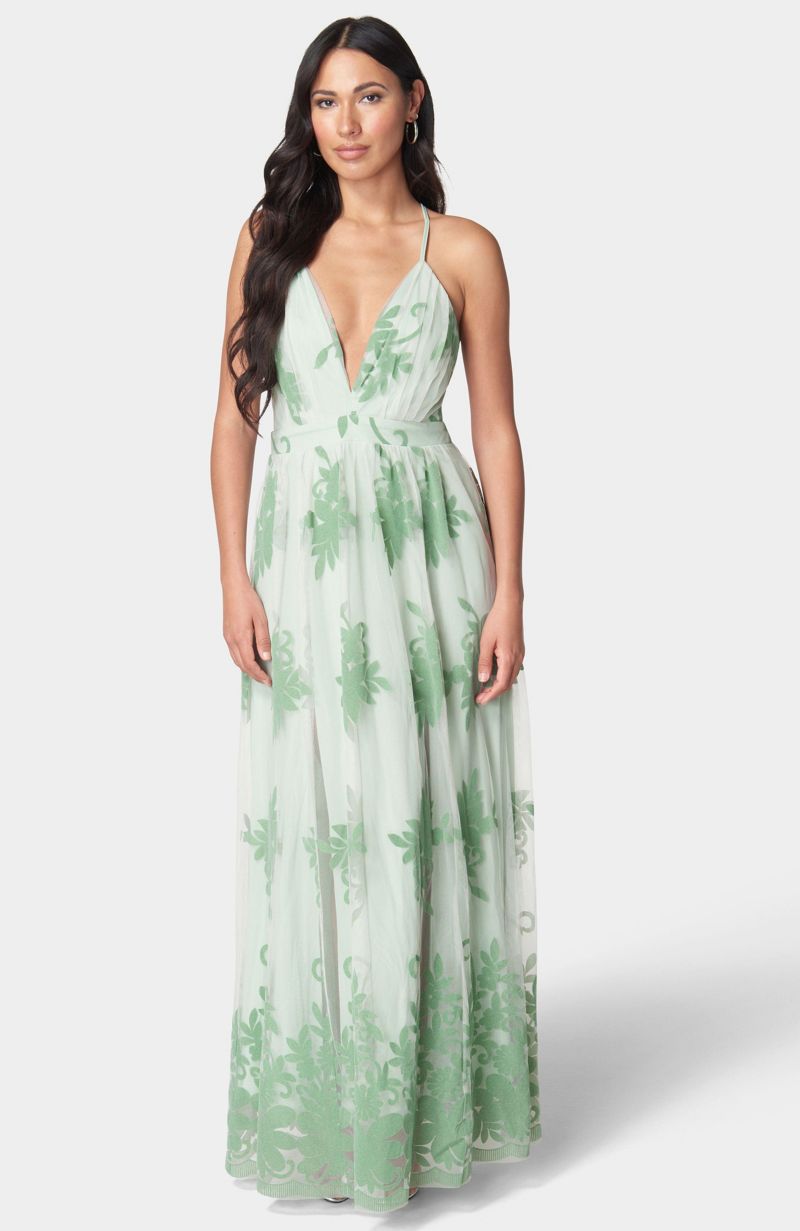 Women's Plunge Neck Embroidered Maxi Dress