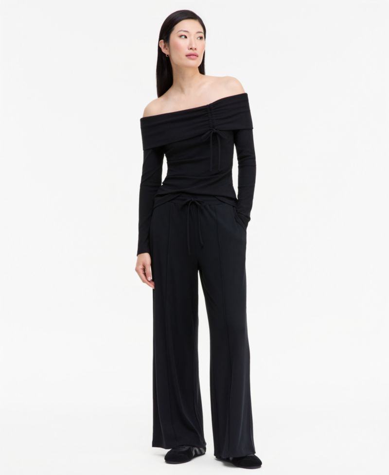 Women's Off-the-Shoulder Rib-Knit Long-Sleeve Top