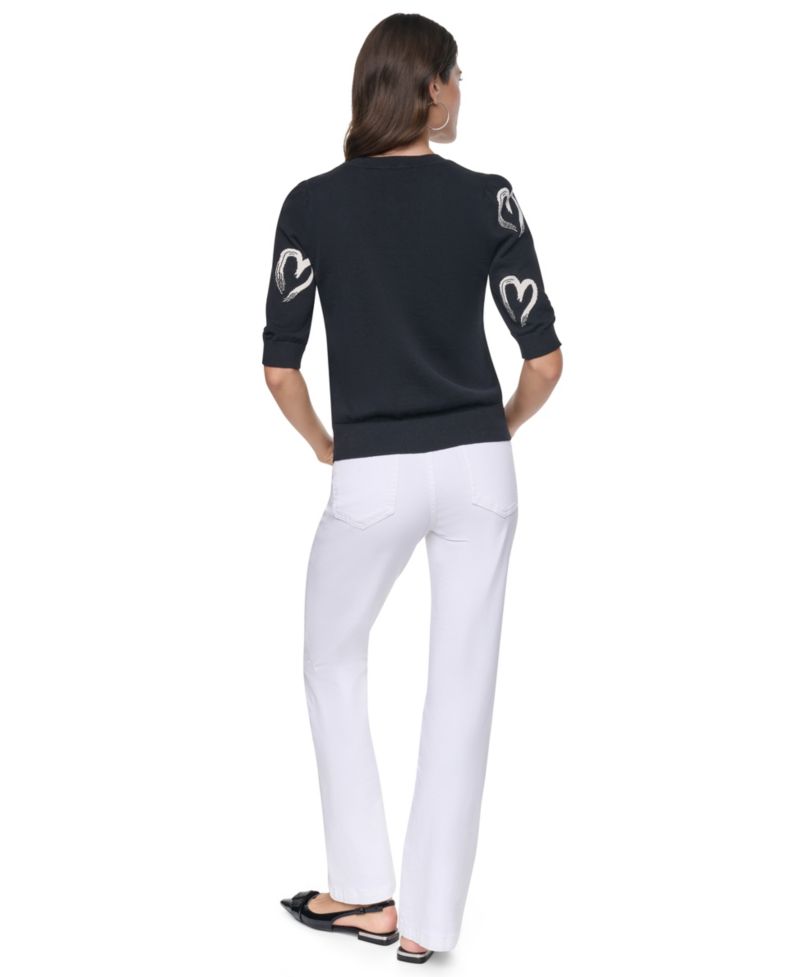 Women's Mini Hearts Crewneck Elbow-Sleeve Sweater