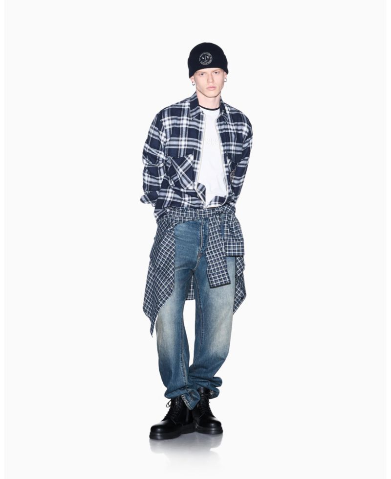 Men's Crossover Plaid Cotton Shirt with Back Graphic