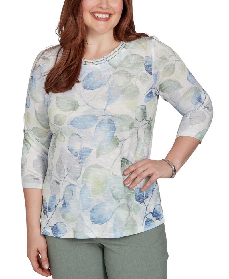 Petite Provence Watercolor Leaf Print 3/4 Sleeve Top
