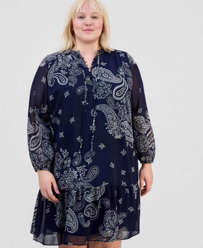 Plus Size Printed Chiffon Tie-Neck Tiered Dress