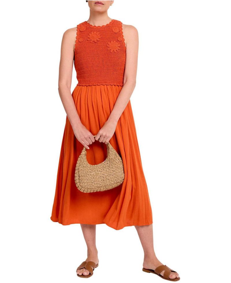 Women's Crochet Bodice A-Line Midi Dress