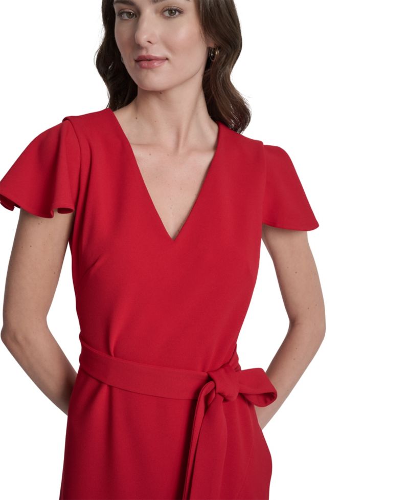 Women's Flutter Short-Sleeve V-Neck Faux-Wrap Dress