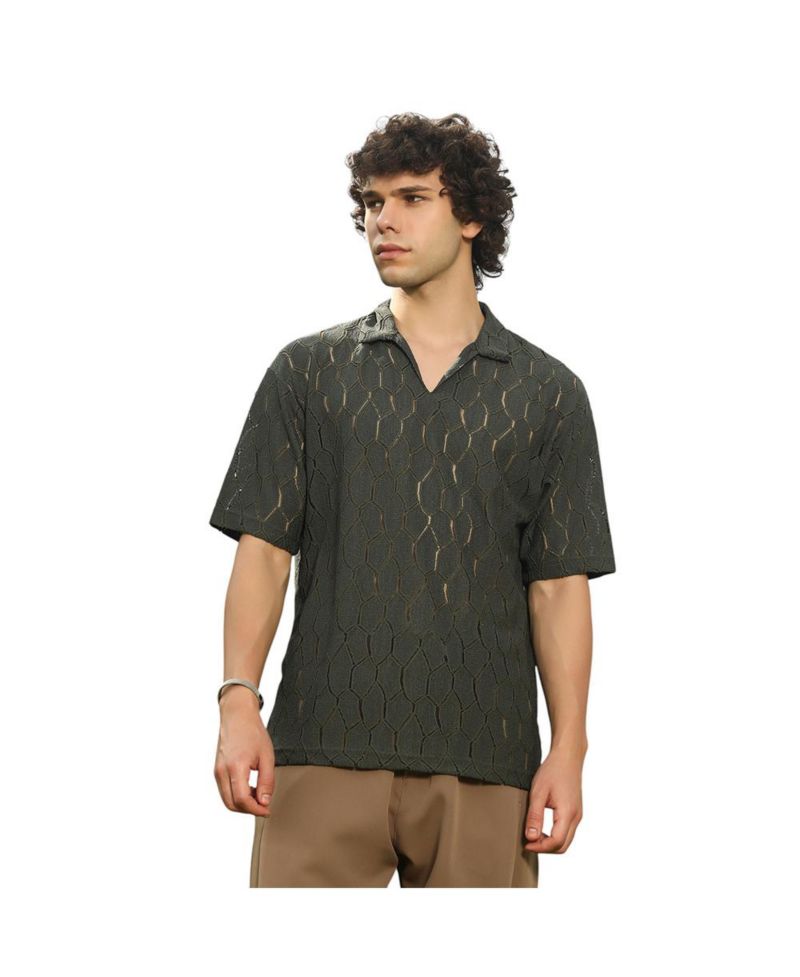 Men's Juniper Green Honeycomb-Knit Polo T-Shirt