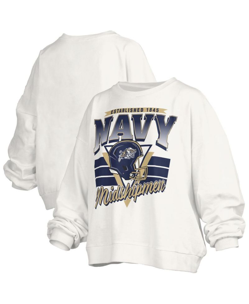 Women's White Navy Midshipmen Oversized Janice Retro Waist-Length Pullover Sweatshirt