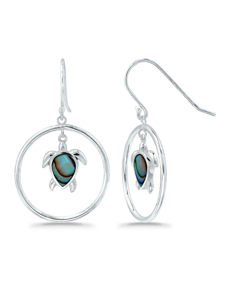 Abalone or Pink Shell Inlay Turtle Circle Fishhook Drop Earrings