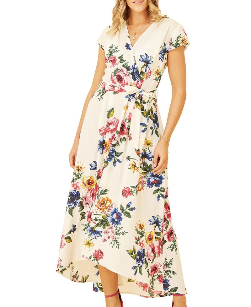 Women's Floral Print Dip Hem Wrap Dress