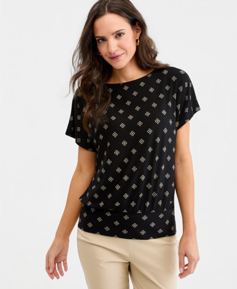 Women's Printed Boatneck Banded-Bottom Knit Top