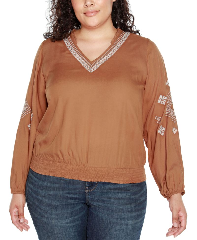 Black Label Plus Size Embroidered Blouson Sleeve V-Neck Blouse