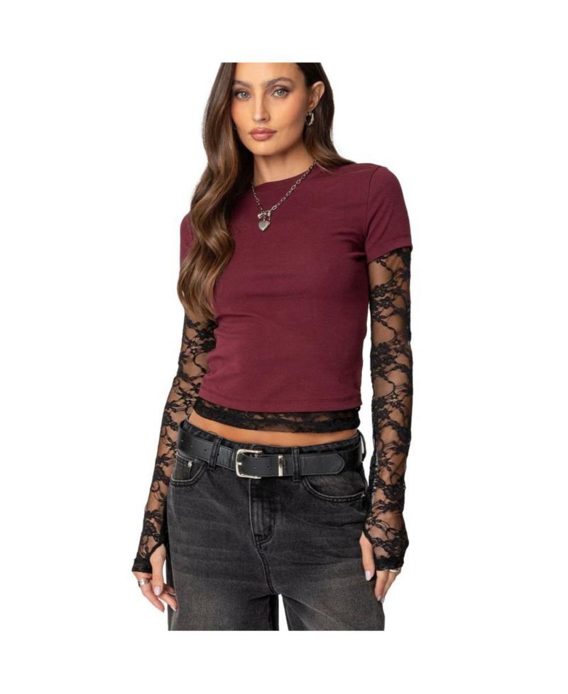 Women's Layered Lace Sleeve T Shirt
