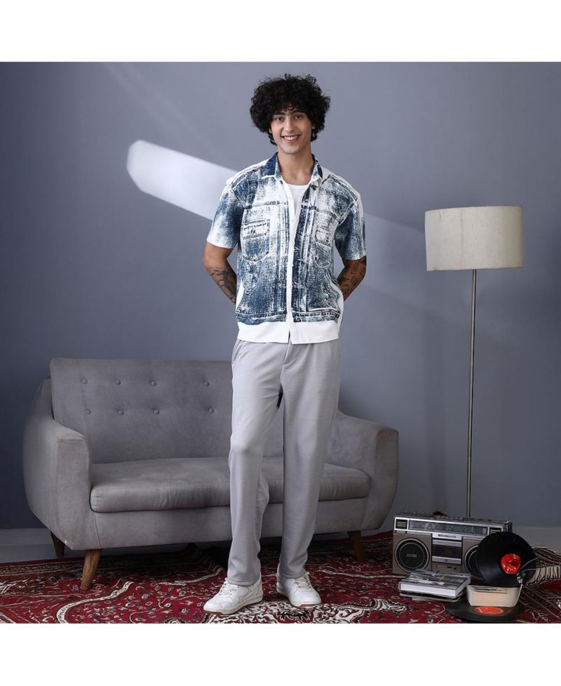 Men's Navy Blue Denim-Imprint Relaxed Shirt