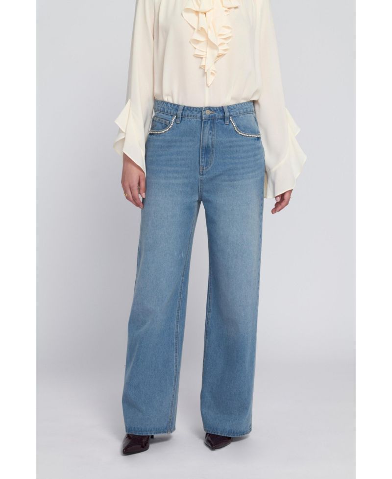 Women's Rhinestone Pocket Jean Wide-Leg Pants