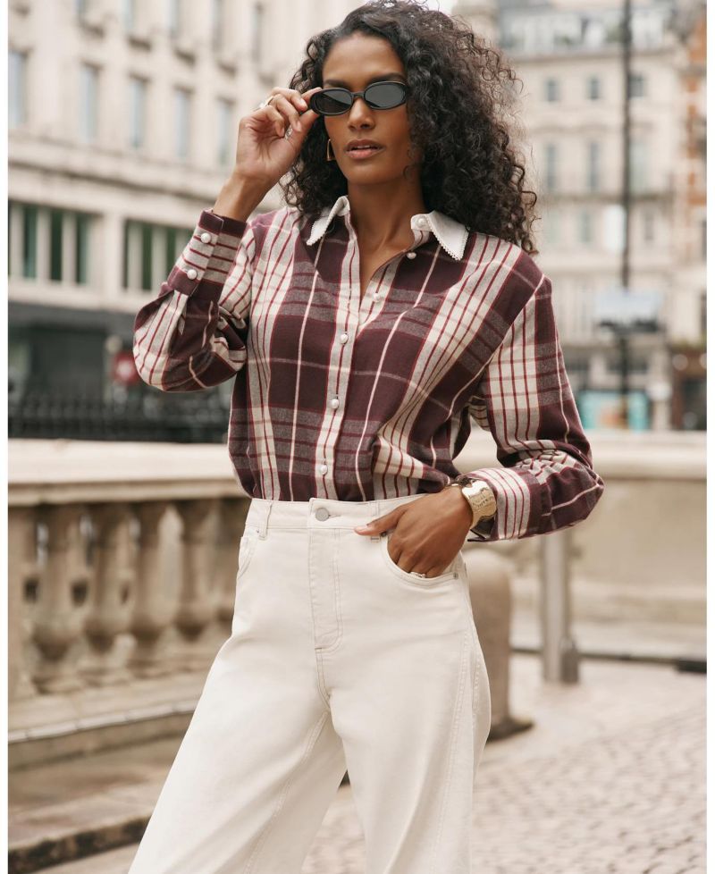 Women's Plaid Long-Sleeve Pearl-Trim Shirt