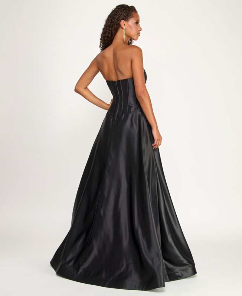 Juniors Strapless Satin Ball Gown with Waist Bows and Corset Bodice