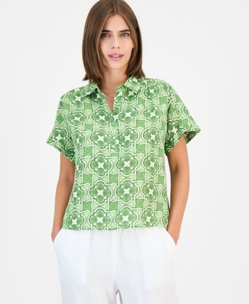 Women's Cap-Sleeve 100% Linen Popover Top