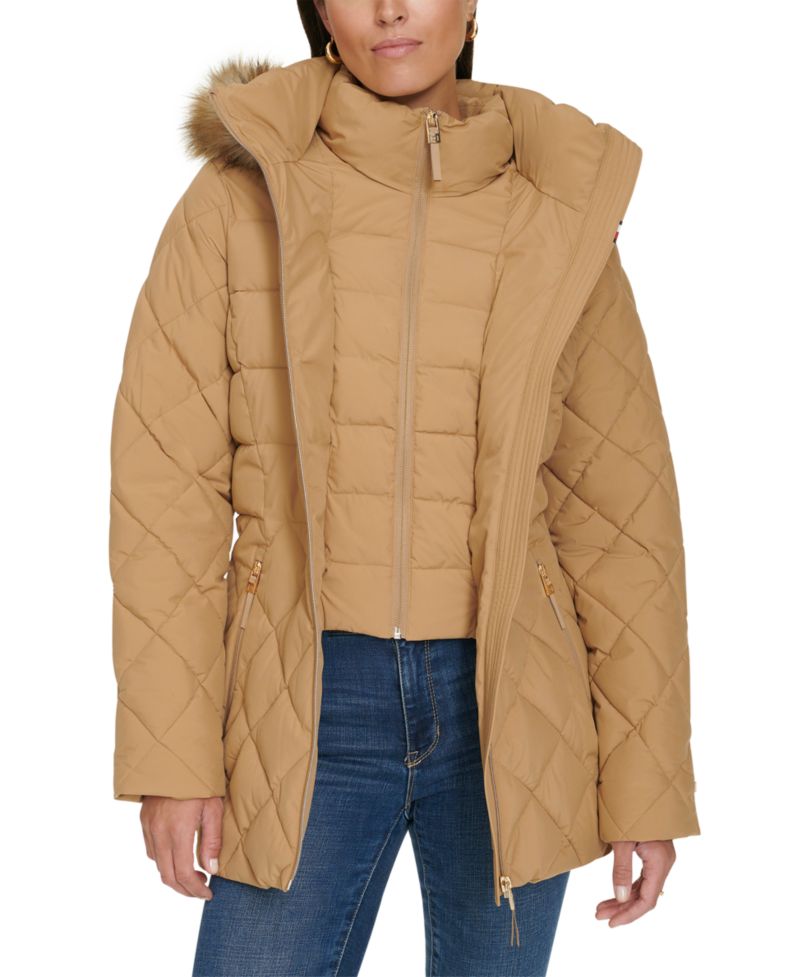 Women's Bibbed Faux-Fur-Trim Hooded Puffer Coat