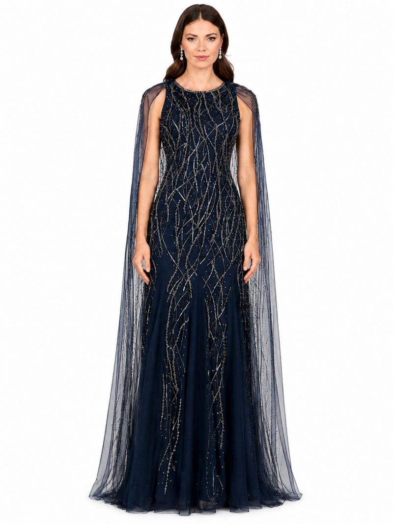Women's Elegant Beaded Dress with Long Cape