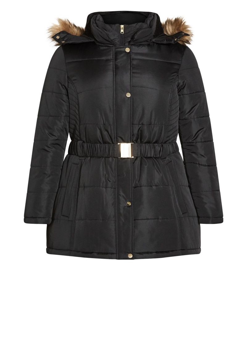 Women's Plus Size Belted Hood Puffer Coat