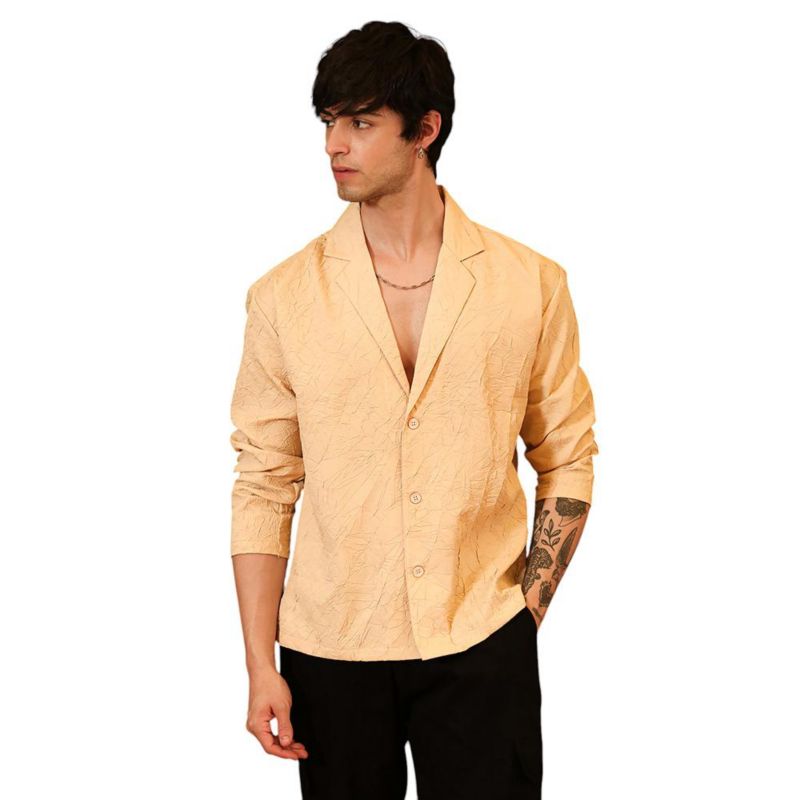 Men's Buff Beige Quad-Tactile Oversized Shirt.