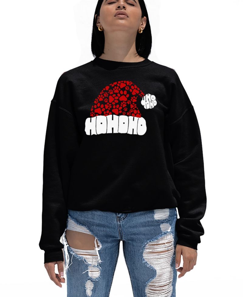 Women's Paw Print Santa Hat Word Art Crewneck Sweatshirt