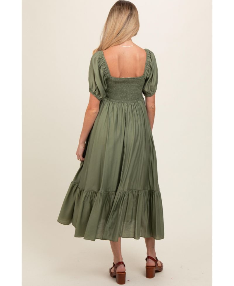 Women's Olive Ruched Sweetheart Neck Tiered Midi Dress